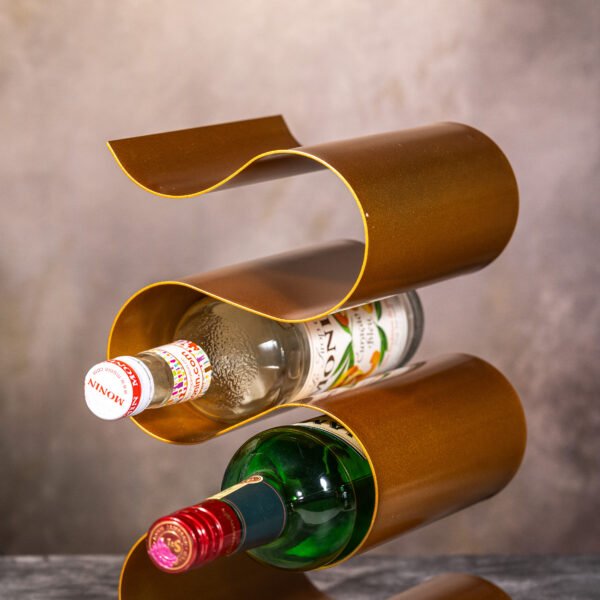 Modern Sculptural Wave Wine Rack in Bronze Finish with Wine Bottles, Enhancing Contemporary Home Decor