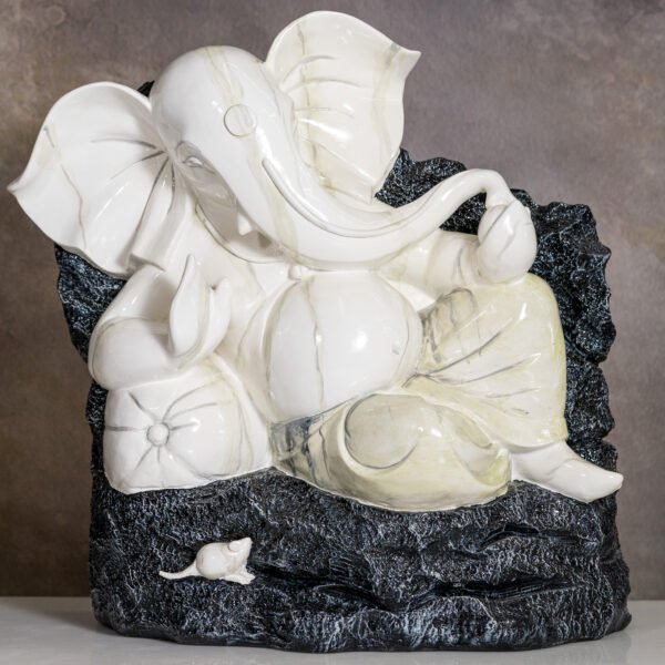 Exquisite White Marble Lord Ganesha Idol Seated on a Textured Base with His Vahana, Mushak, Symbolizing Wisdom and Prosperity