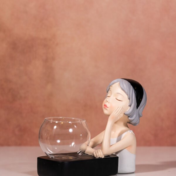 A Charming and Whimsical Decorative Resin Girl Figurine with Integrated Glass Vase Showpiece for Home