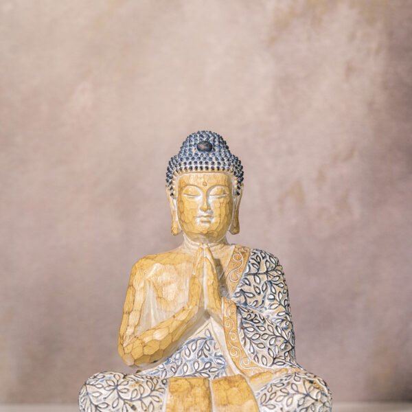 Intricately Designed Resin Sitting Buddha Statue in Abhaya Mudra with Floral Patterned Robes, Symbolizing Protection and Fearlessness