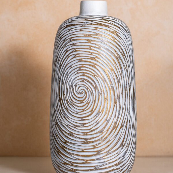 A Sculptural Turned Wood Vase by Colin Norgate, Featuring an Intricate Spiral Relief Pattern in White and Gold, Reflecting the Artisan's Interest in Geometrical Forms and Natural Timber Beauty