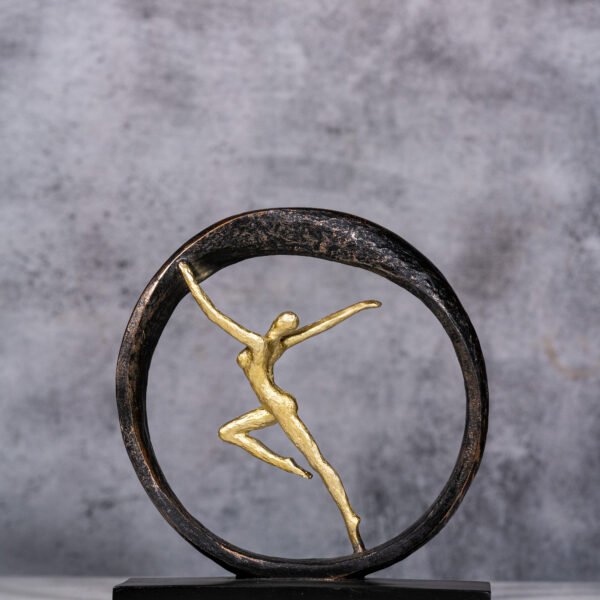 Graceful Gold Abstract Dancer in Black Circle Resin Sculpture, a Modern Art Decor Piece