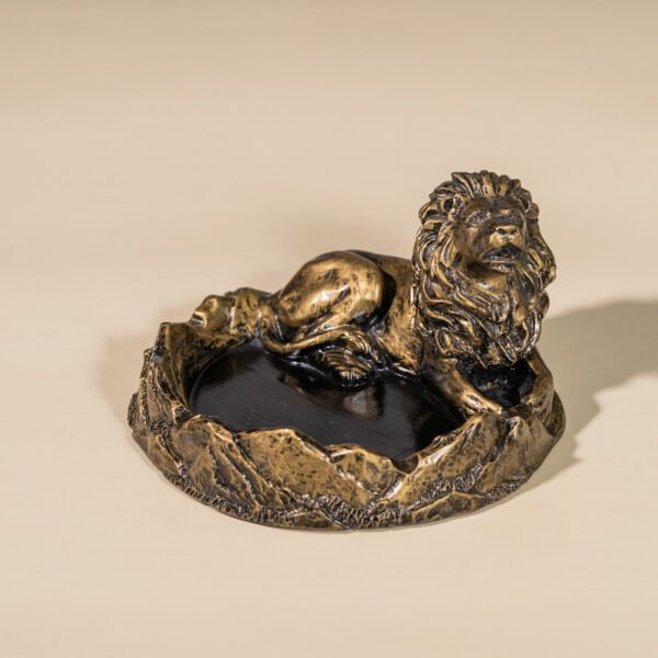 Brass Loin Figurine Ashtray with a Recumbent Lion Design and Textured Base