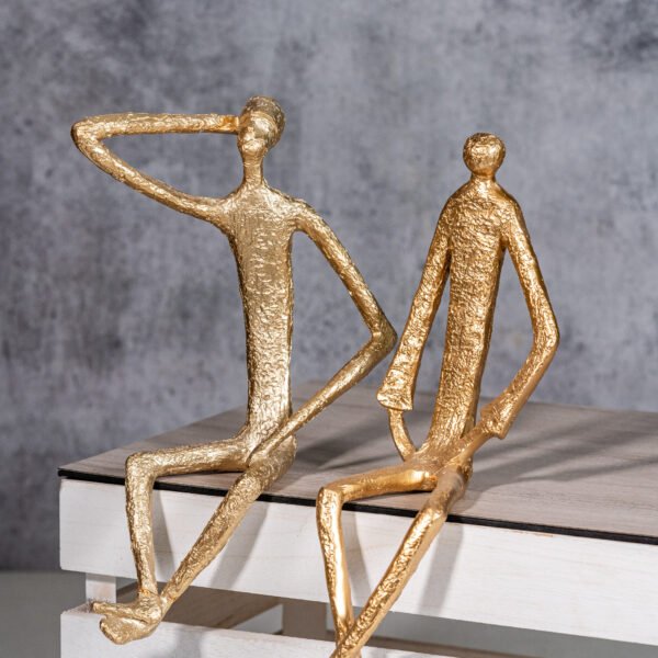 Two Abstract Gold-Colored Metal Sculptures of Sitting Figures