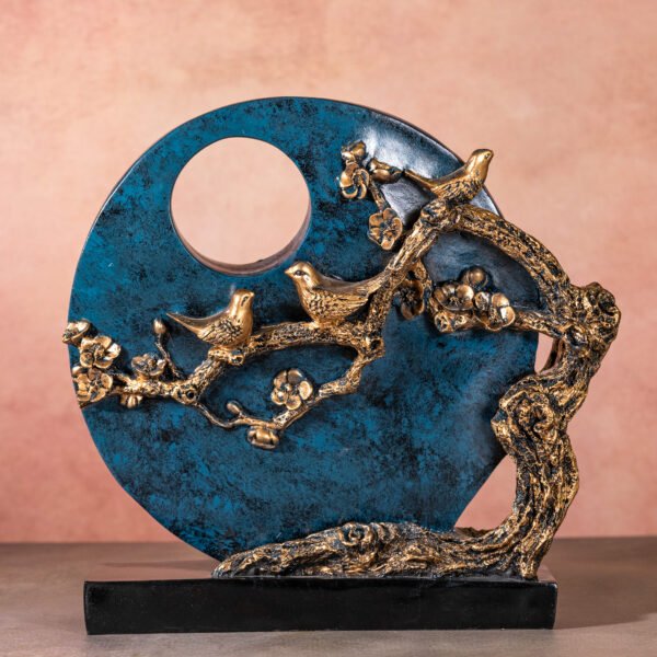 Bronze Birds on a Blossoming Branch with Teal Circular Backdrop Sculpture, featuring a Hand-Polished Environmental Resin Design for Home Decor