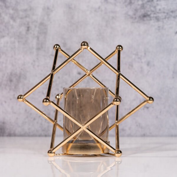 a Modern Geometric Golden Metal Candle Holder or Decorative Stand with a Glass Insert