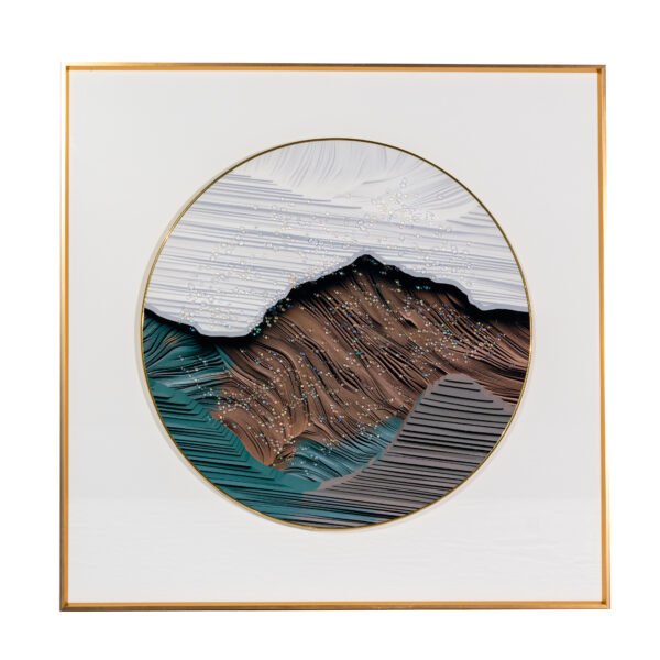 Rounded canvas wall art featuring a stylized mountain and water landscape