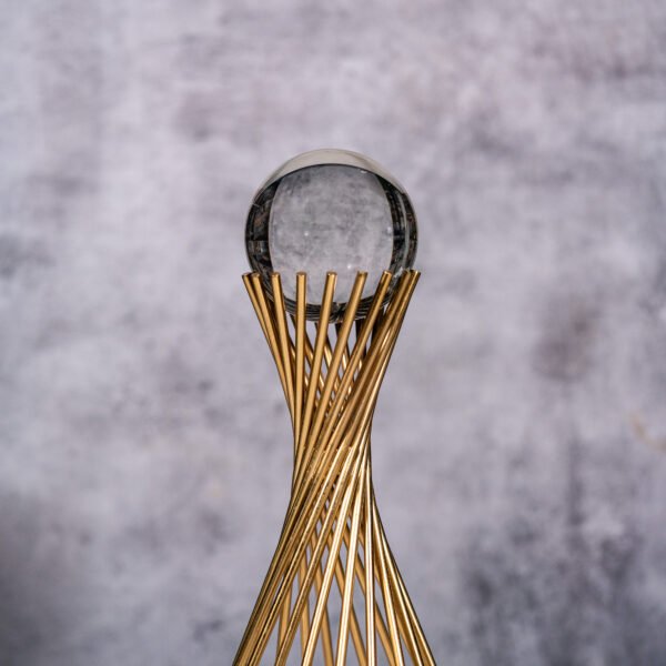 Modern Abstract Art Crystal Ball with Elegant Gold Spiral Metal Stand, a Minimalist Decorative Ornament for Home or Office Decor