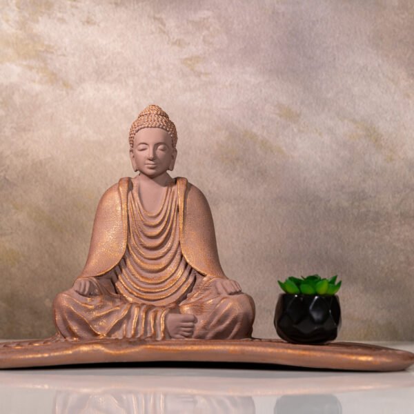 Serene Buddha Statue in Meditation Pose with a Small Plan
