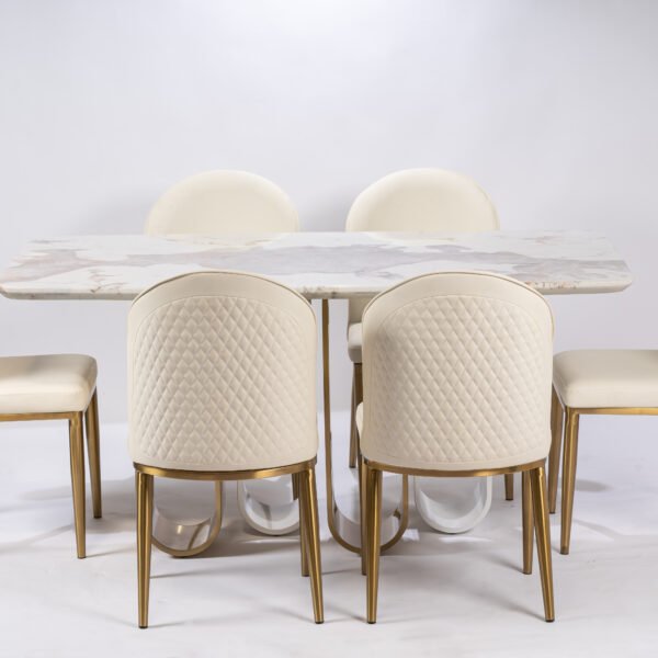 modern white textured dining chairs with elegant gold-tone metal frames