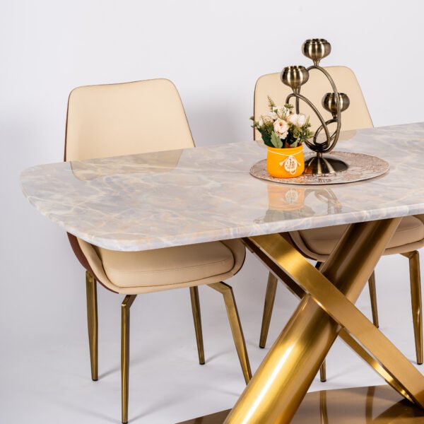 Luxurious Italian Imported Slate Sintered Stone Marble Design Dining Table Set with Stainless Steel Gold Coated Base and Beige Chairs