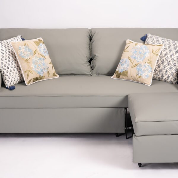 Modern Overhead View Grey Fabric Sofa with Decorative Floral and Patterned Accent Pillows