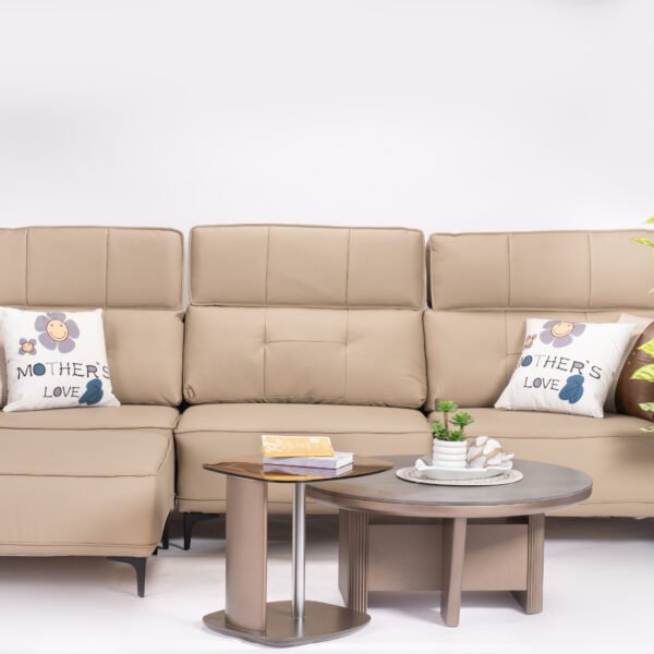 Luxurious Beige L-Shaped Sectional Sofa with Plush Cushions and Decorative "Mother's Love" Accent Pillow